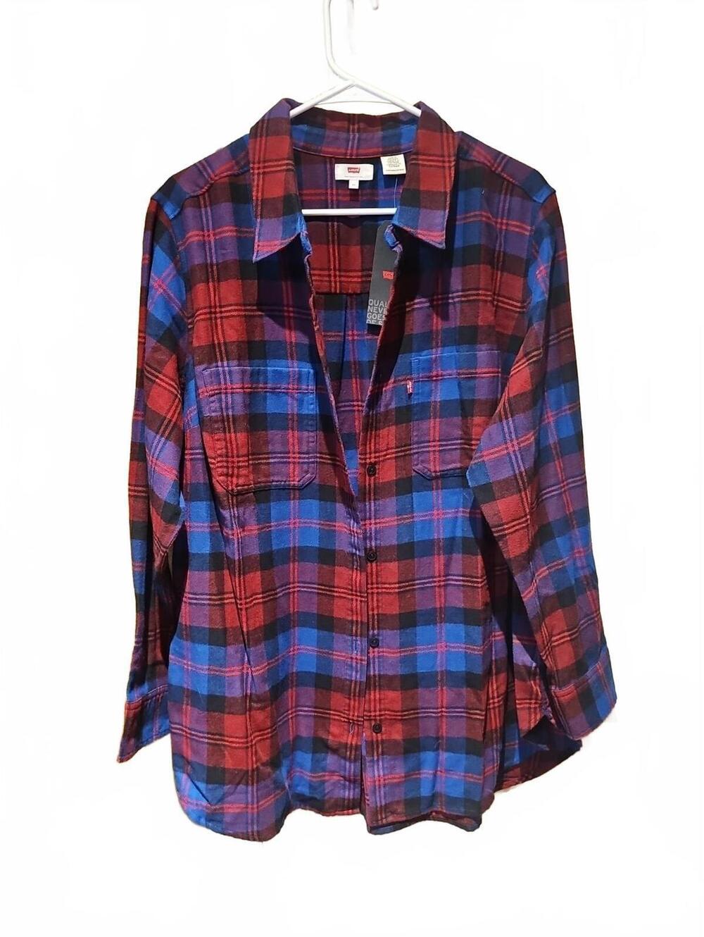 Levi's 2XL Flannel Button Down Shirt Red + Blue Plaid Striped Long Sleeve